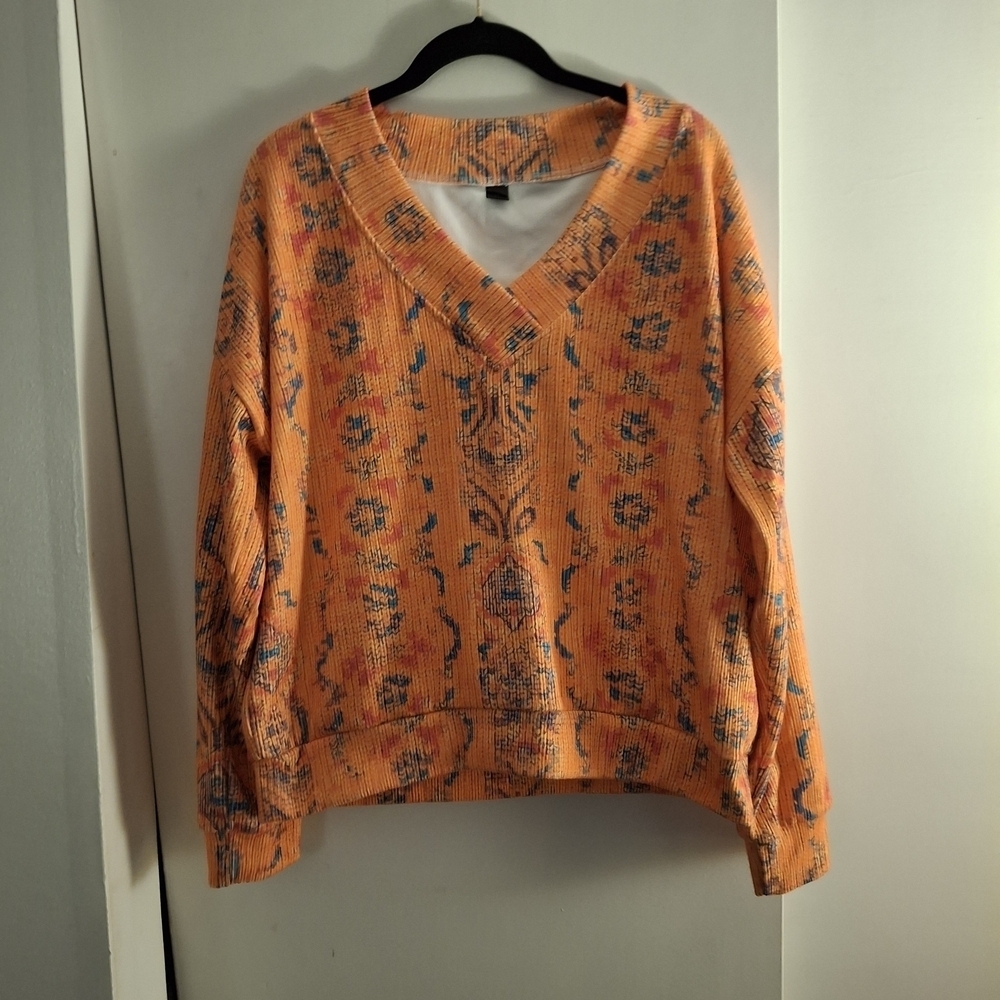 Orange Aztec Patterned Women's V-Neck Sweater